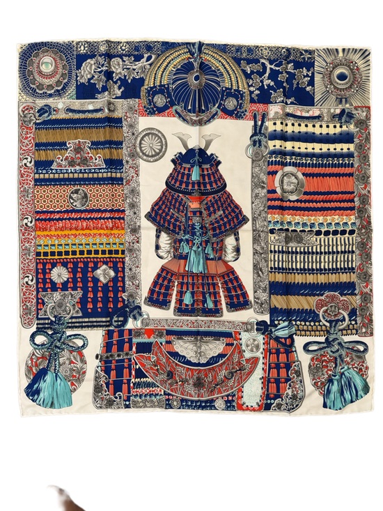 Accessories - Designer-style 90cm Silk Scarf with Samurai Armor Motif in Navy & Cream New